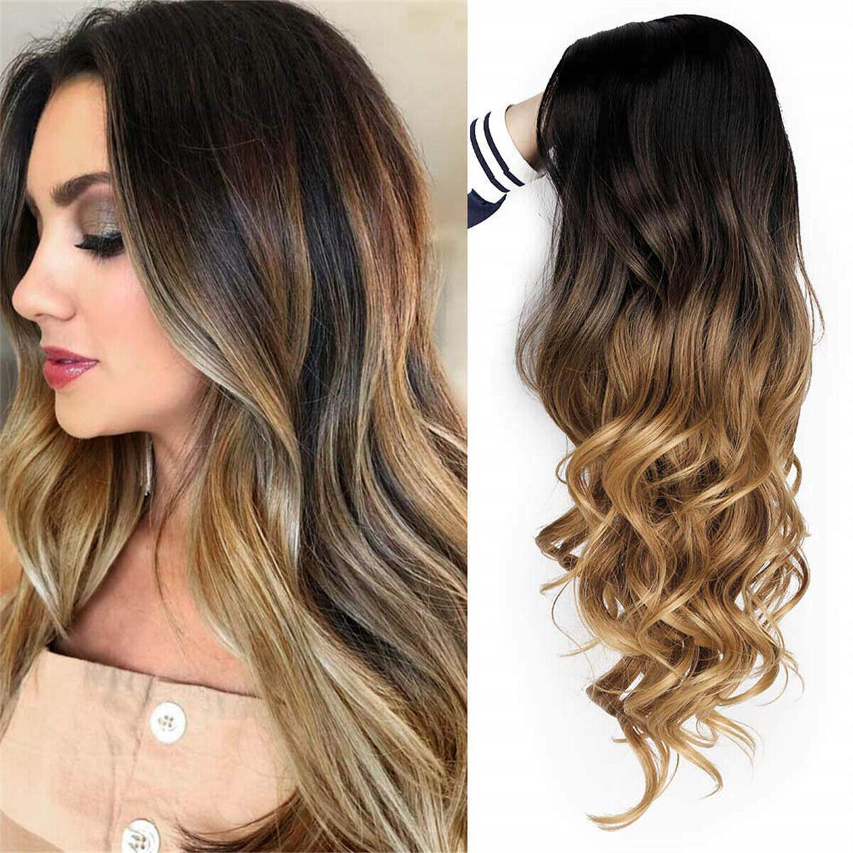 Hair Ombre Brown Middle Part Women Curly Synthetic Party Blonde Wig Wave Long