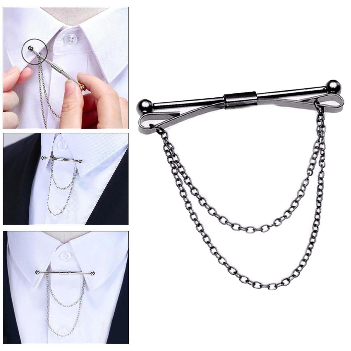 Collar Bar Pin for Men with Chain Necktie Tie Clips for Business Formal