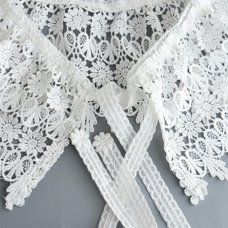 Women Pastoral White Faux Collar Shawl Embroidery Floral Lace Tassels Scarf Cape