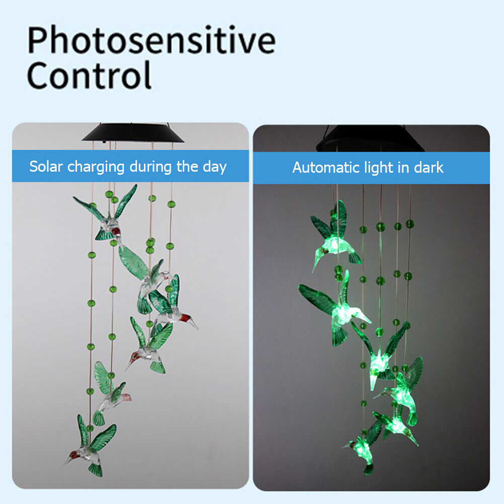 LED Solar Wind Bell Hummingbird Hanging Ornaments Outdoor Garden Wind Chime