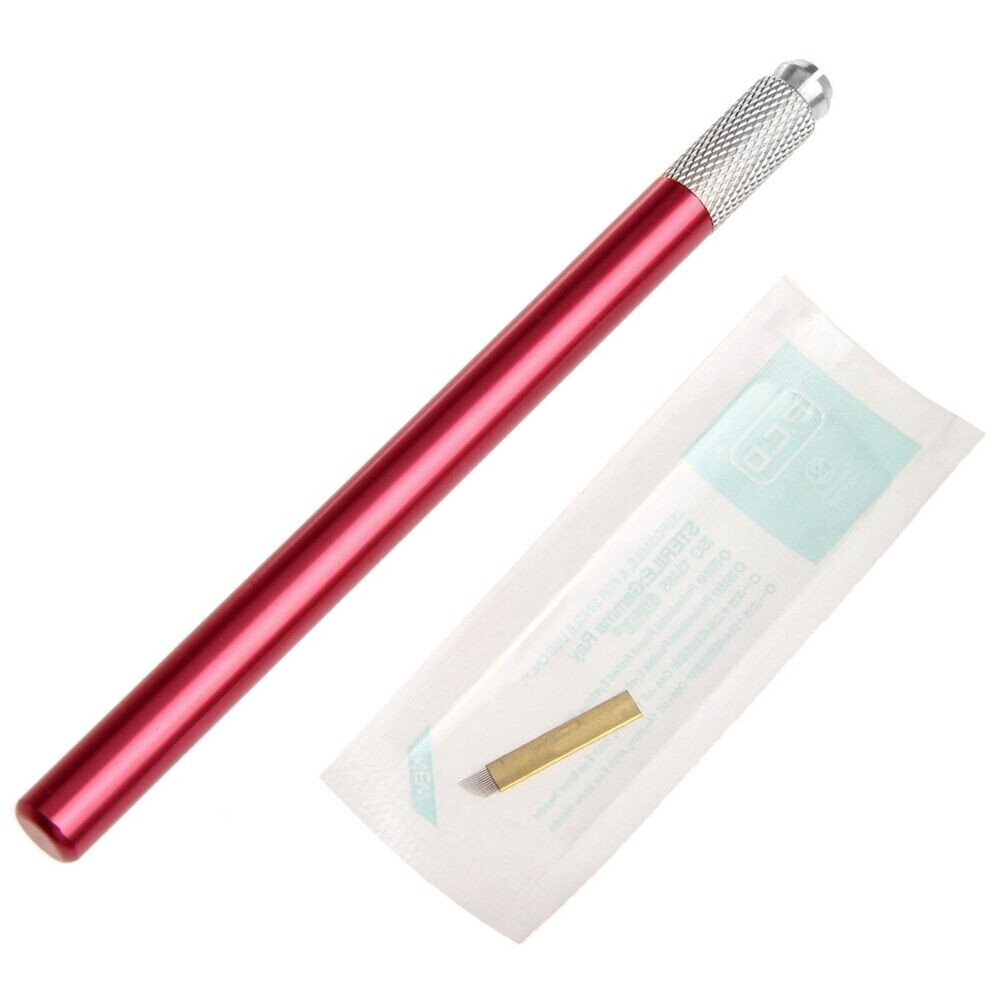 5.08" Red Manual Tattoo Pen Permanent Makeup Lip Eyebrow + 10Pcs 12pin Blades