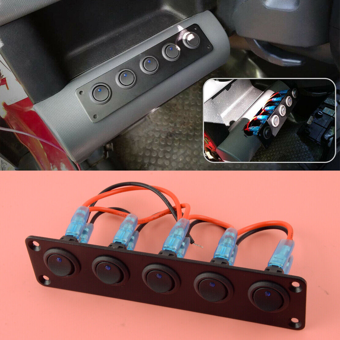 5 Gang Toggle Rocker Switch Panel Fit For Car Boat RV Truck UTV Dash Blue LED