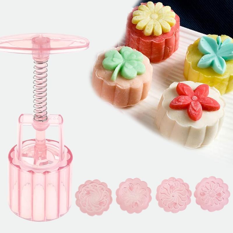 50g Snowy Moon Cake Mold 4 Stamps Barrel Mooncake Hand Pressure Biscuits Pastry
