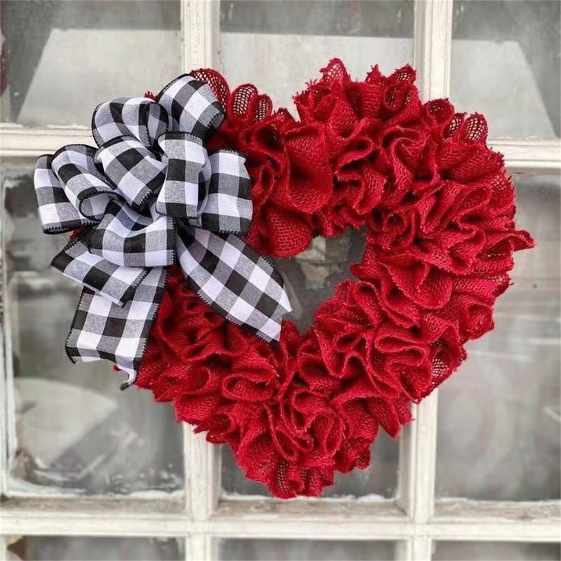Valentine's Day Red Heart Wreath Black White Plaid Bowknot Hanging Garland