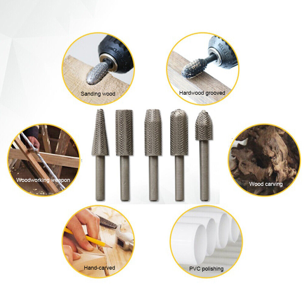5pcs Woodworking Rotary Steel File Rasp Wood Drill Bits Kit Burrs 6mm Shank