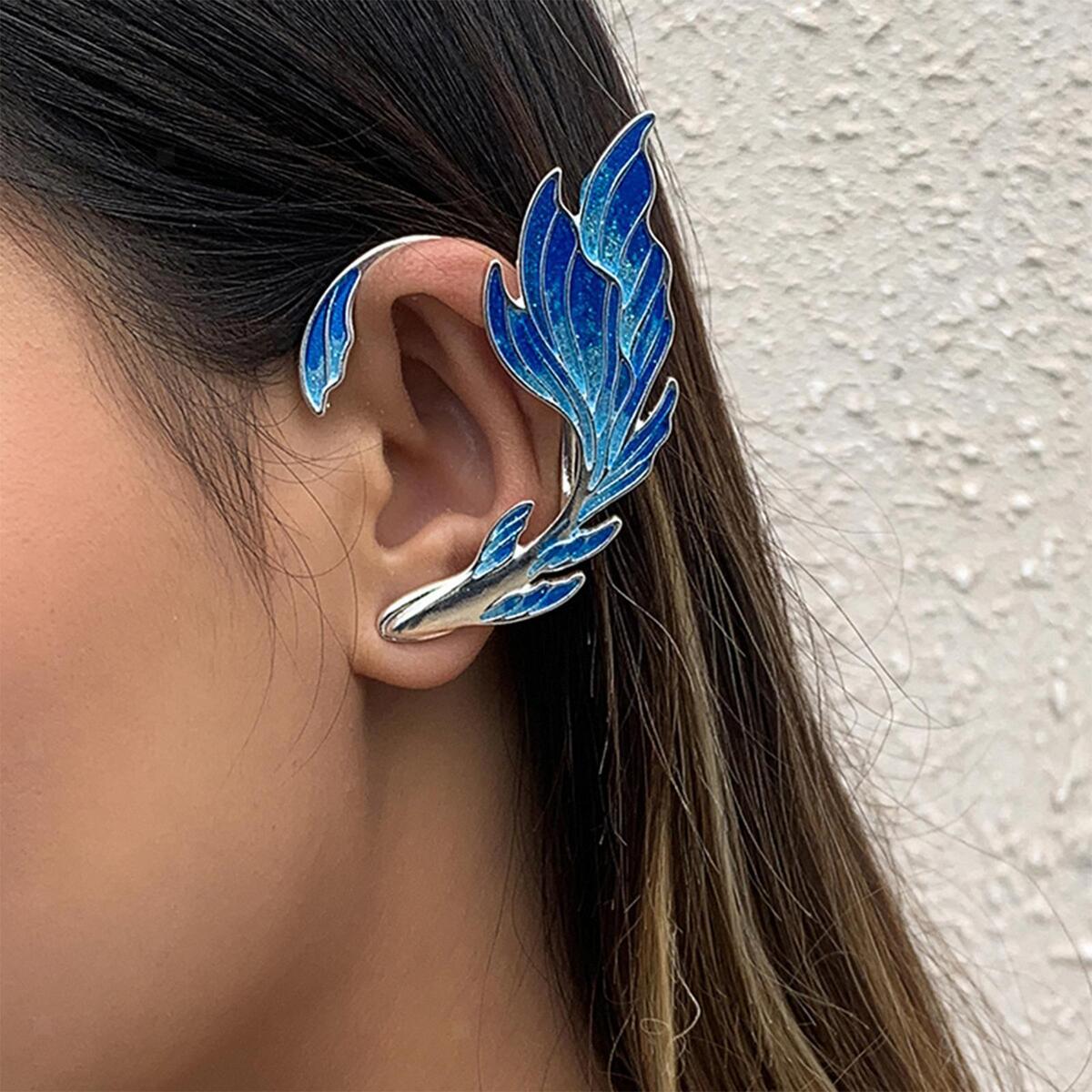 Blue Ear Cuff Wrap Clip Stud Earring, Climbers Crawler Jacket Earrings Jewelry