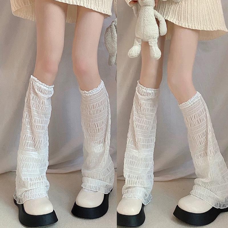 Women Lolita Summer Thin Leg Warmers Pleated Wavy Striped Baggy Foot Cover Socks