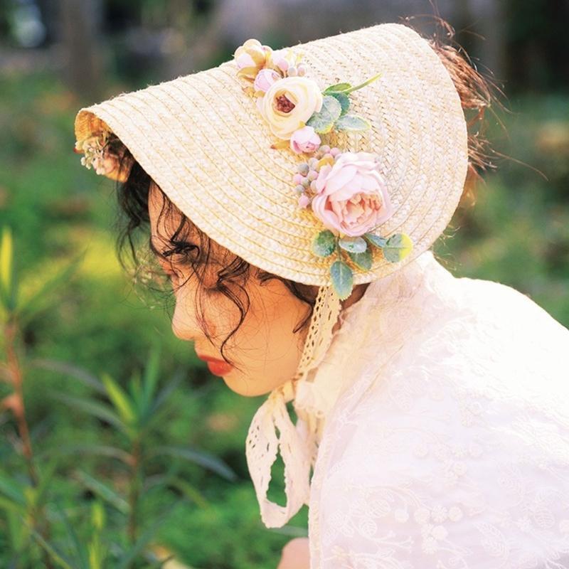 Flower Decor Women Sun Hat Lolita Tea Party Flat Hat Outdoor Beach Summer Cap