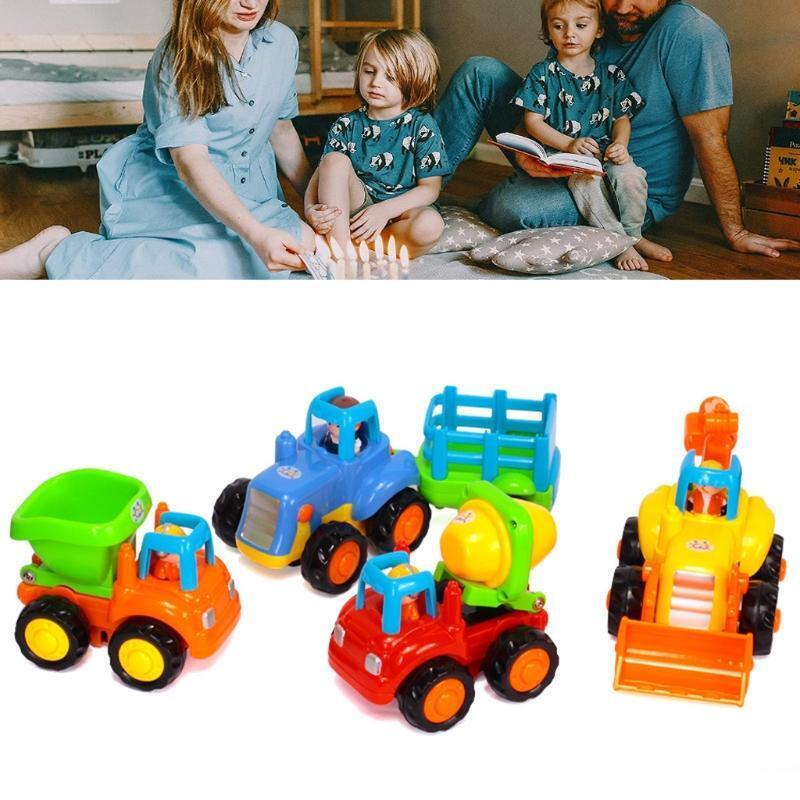 4 Pieces Kids Friction Power Car Set Tractor Concrete Mixer Dumper Bulldozer