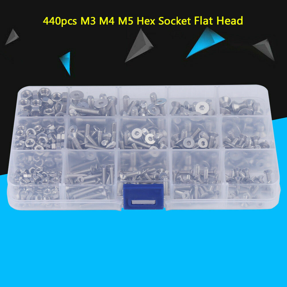 440pc M3 M4 M5 Stainles Steel Hex Socket Flat Head Screw Bolts Nuts kit Durable