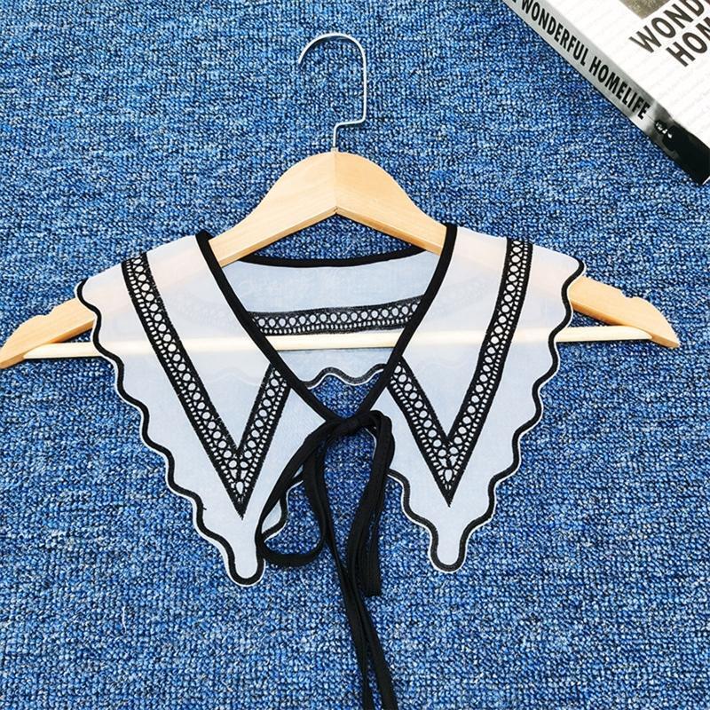 Women Black White Organza Faux Collar Shawl Embroidery Geometric Wavy Scarf Cape