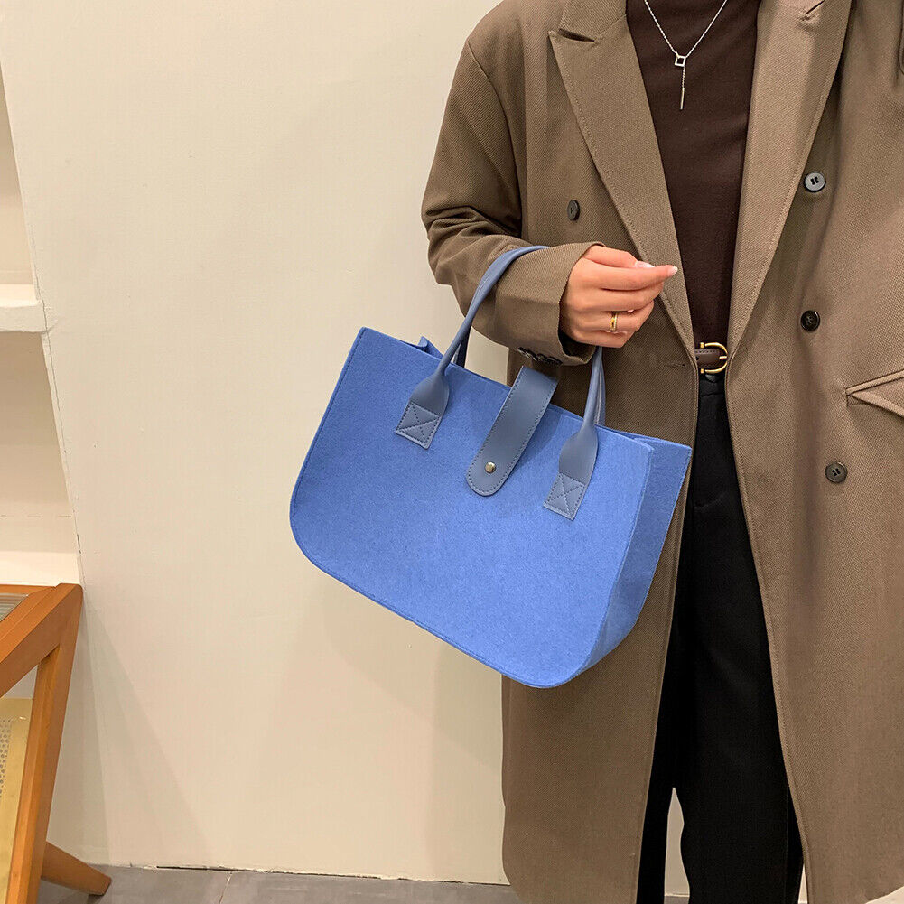 Women Felt PU Leather Quilted Tote Bag Solid Color Top-handle Bag (Blue)
