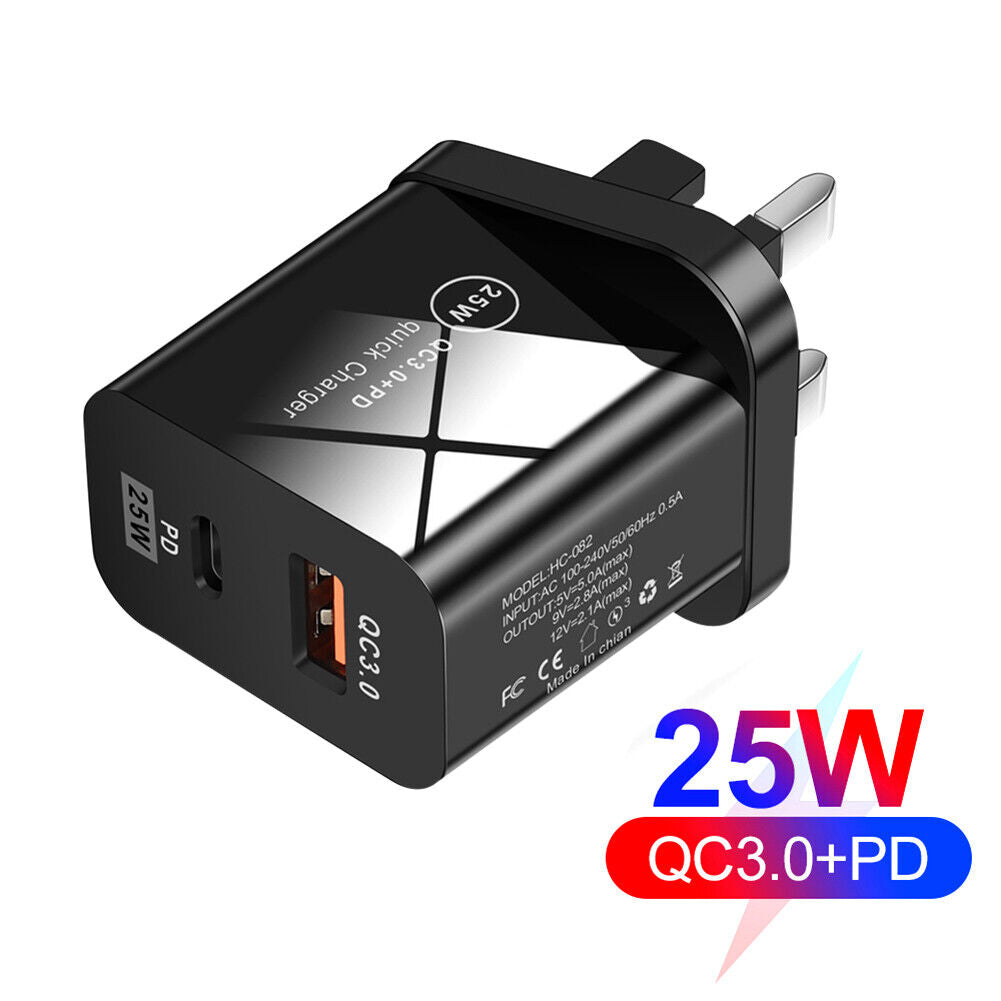 25W QC3.0+PD Dual Port Type-C Phone Fast Charger Charge Adapter (UK Black)