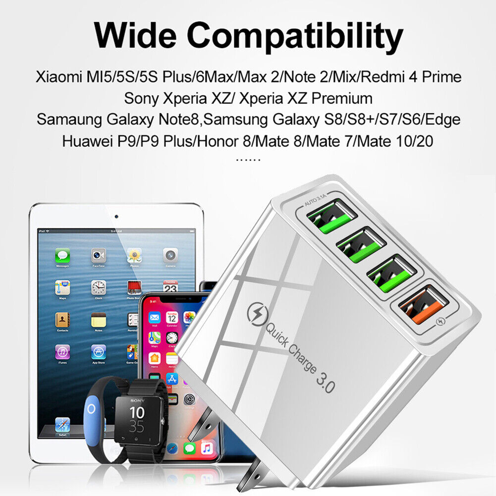 Q4 5.1A QC3.0 Fast Charging 4USB Phone Charger Power Adapter (White US)