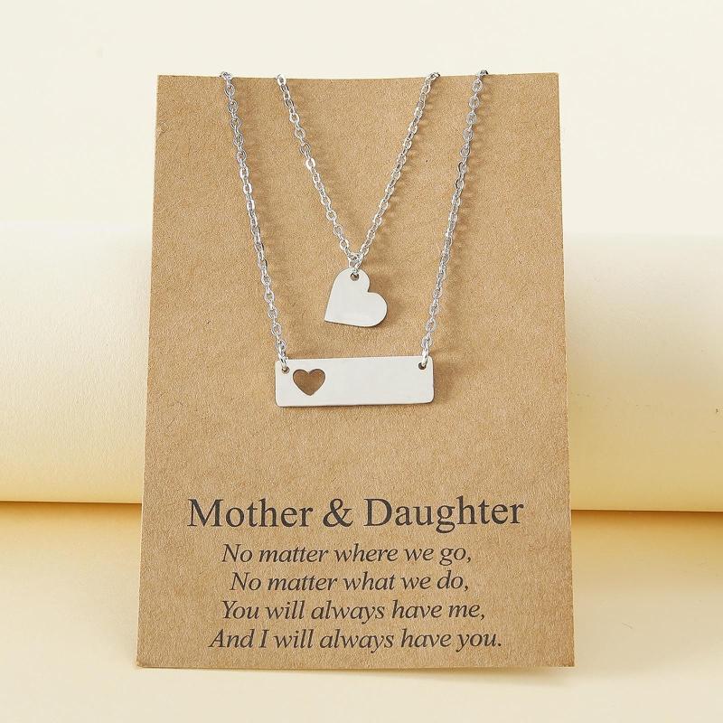 2Pcs Mother Daughter Bar Necklace Set Horizontal Bar Necklace with Cutout Heart