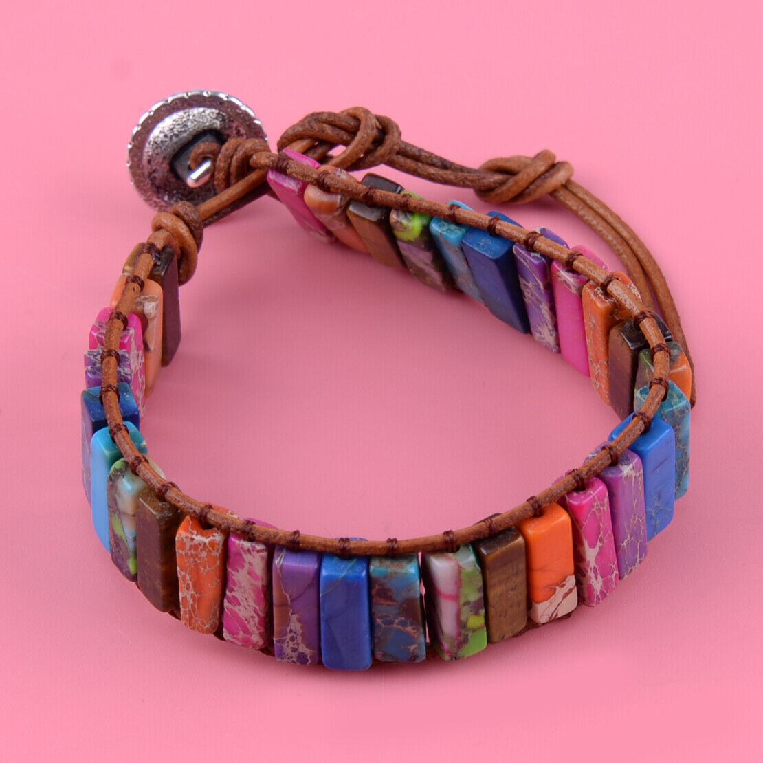 Gypsy Style Handmade Leather Wrap Colorful Natural Stone Tube Beads Bracelet ld