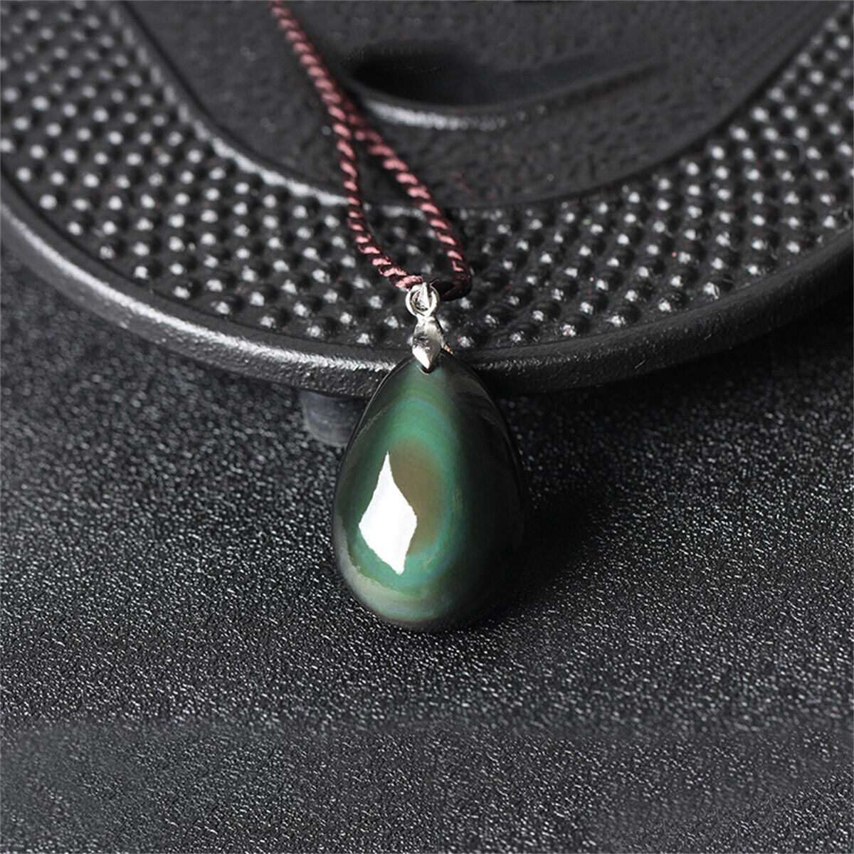 Natural Rainbow Obsidian Hand-Carved Teardrop Necklace Pendant Black Beads Gift