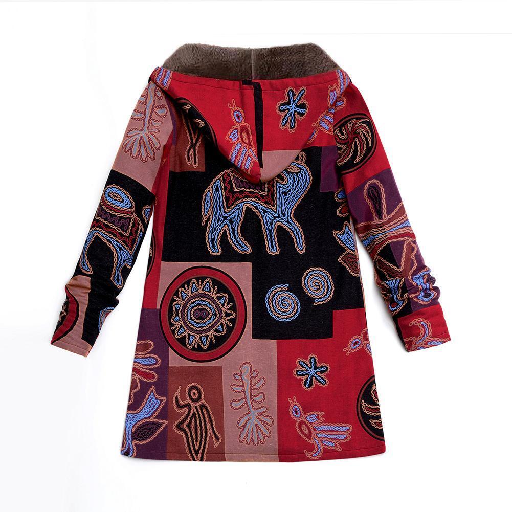 Plus Size Printing Fleece Long Sleeve Hooded Coat Women Outwear (Red 4XL)