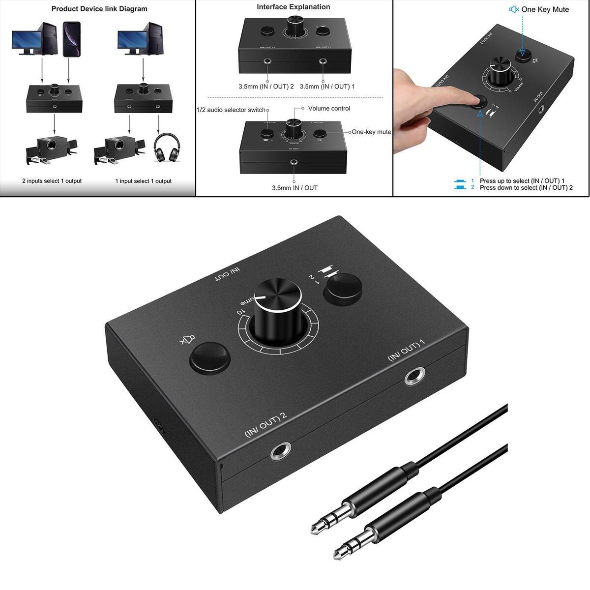 3.5mm Stereo Audio Switcher, 1 Input 2Output 2  Output Signal Source