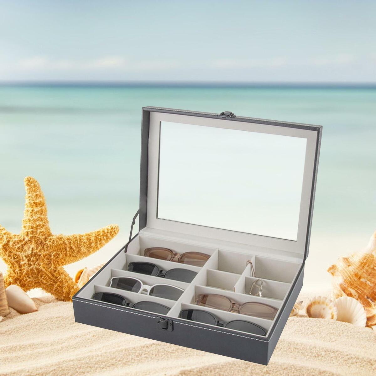 8 Slots Sunglasses Organizer Display PU Leather Holder Organizer Transparent Lid