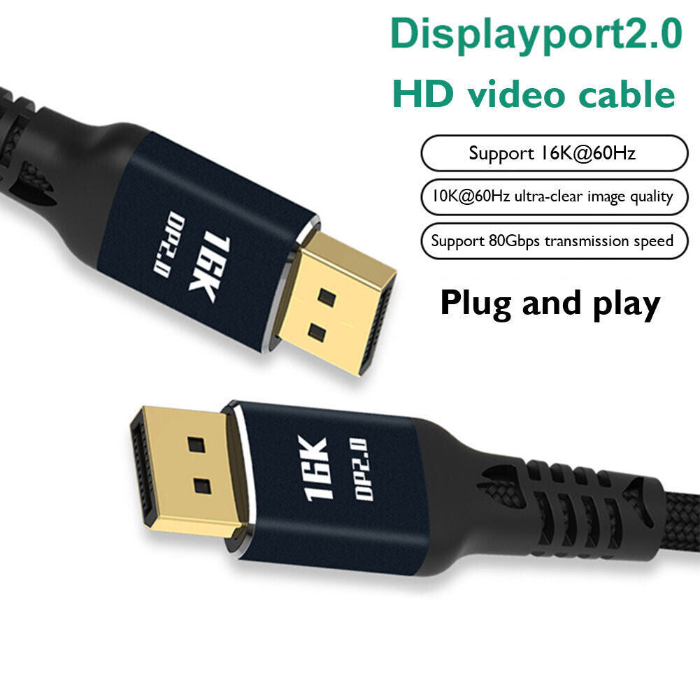 1m DisplayPort 2.0 Male Braided Cable 16K 60Hz 10K 60Hz HD Video DP Adapter