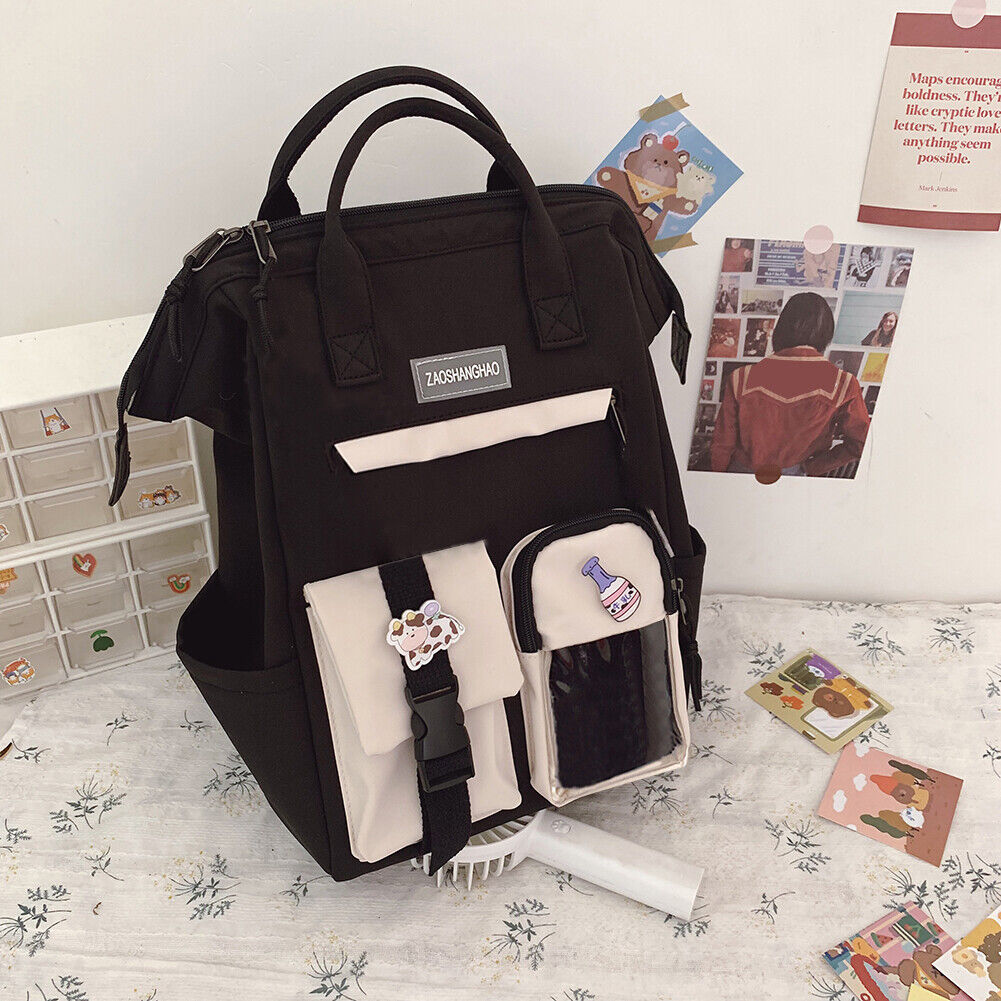 Preppy Style Women Hit Color Backpack Girls School Large Handbags (Black)
