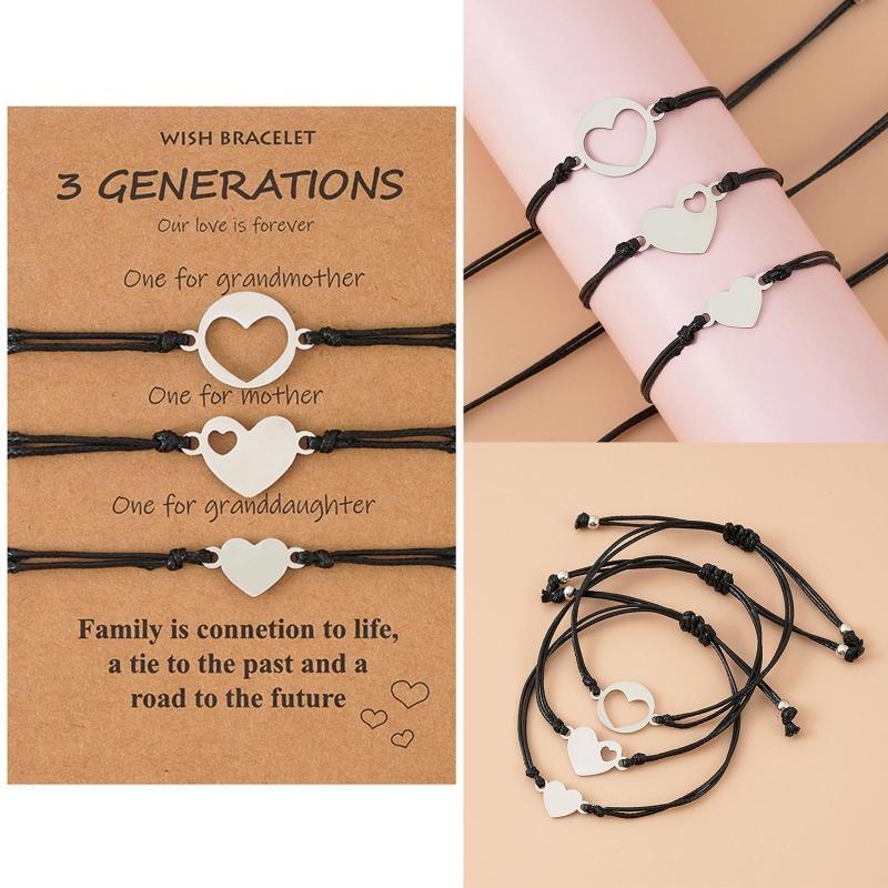 3 PCS Heart-shaped Matching Bracelets with Cord Chain for Best Friend Women Men