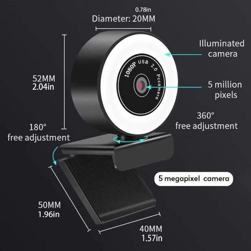 USB Streaming Webcam 1080P  Wide Angle Webcam with Ring Light & Microphone