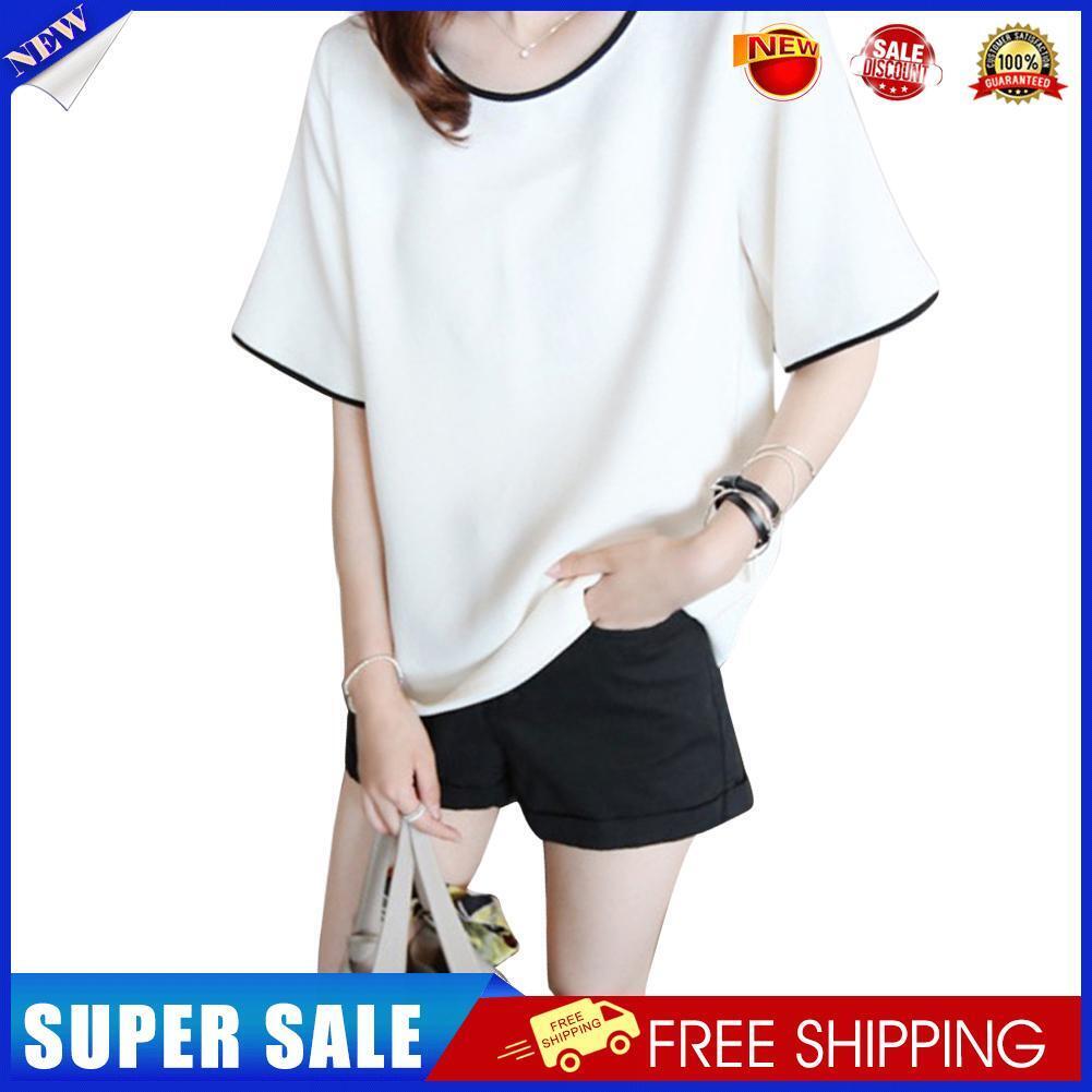 Women Bottom T-Shirt Solid Color Half Sleeve O-neck Tee Shirt (White M)
