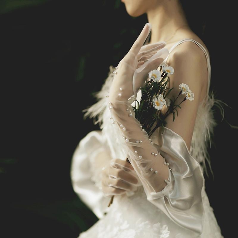 Bridal Tulle Gloves Elbow Length Lace Gloves Elegant Tea Party Wedding Gloves