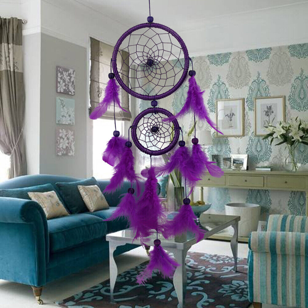 Double Ring Purple Feather Dream Catcher Wall Hanging Home Car Decor Craft