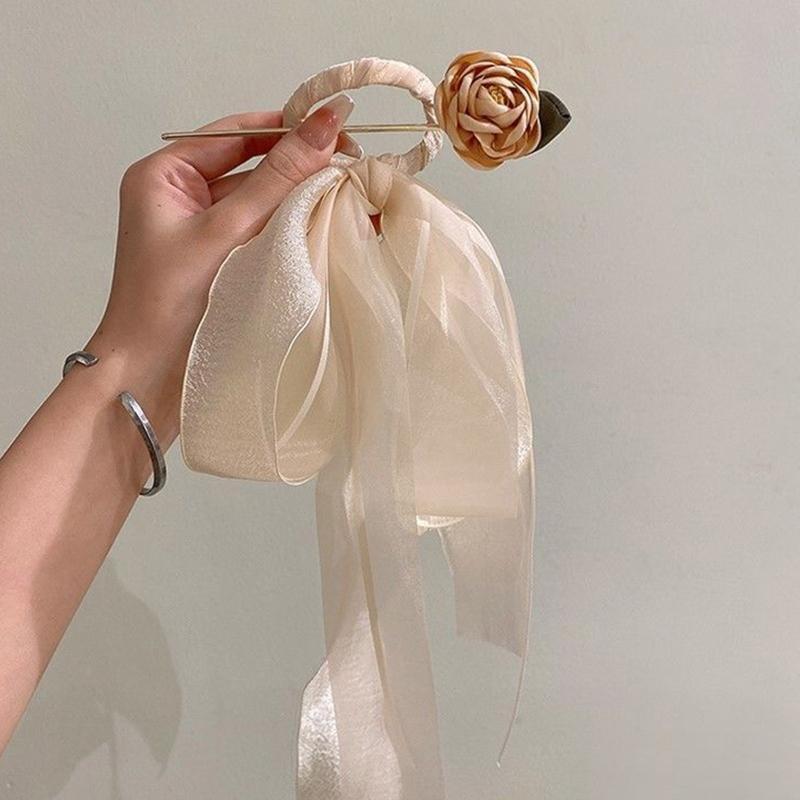 Versatile Metal Hair Stick Flower Shape Ribbon Headdress Fashion Elegant Hairpin