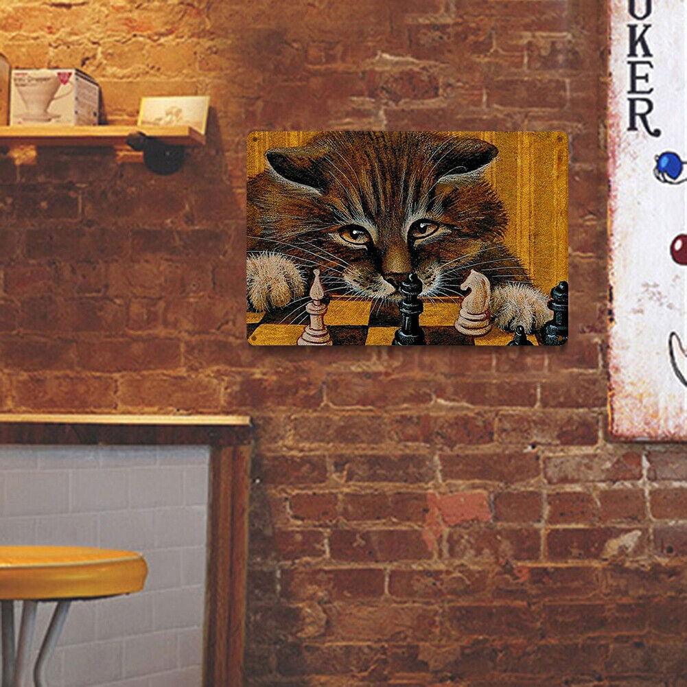 Playing Chess Cat Metal Plate Tin Sign for Bar Pub Club Cafe Wall Art Decor
