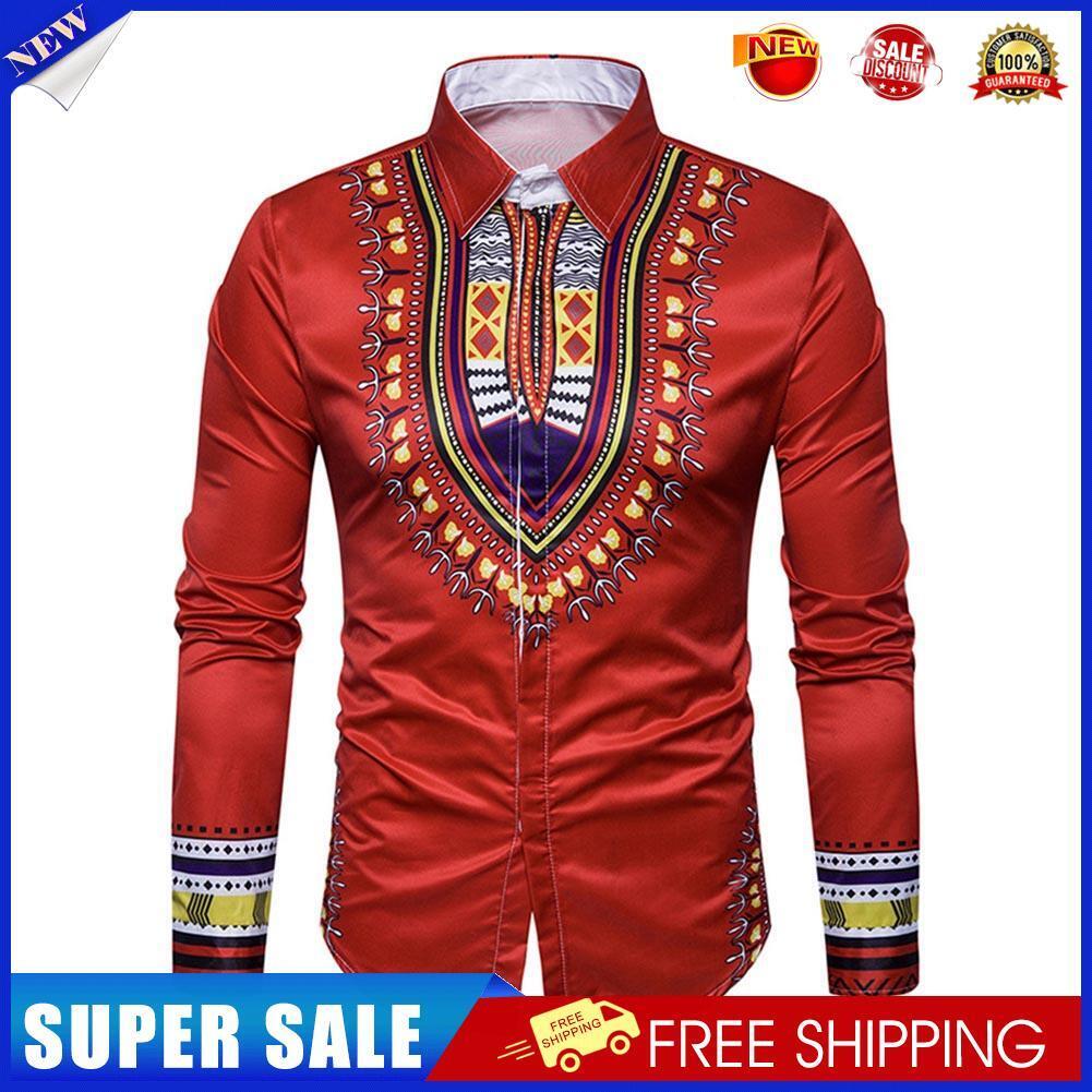 Men Turn Down Collar Casual Totem Print Long Sleeve Ethnic Shirt(Red XL)-20