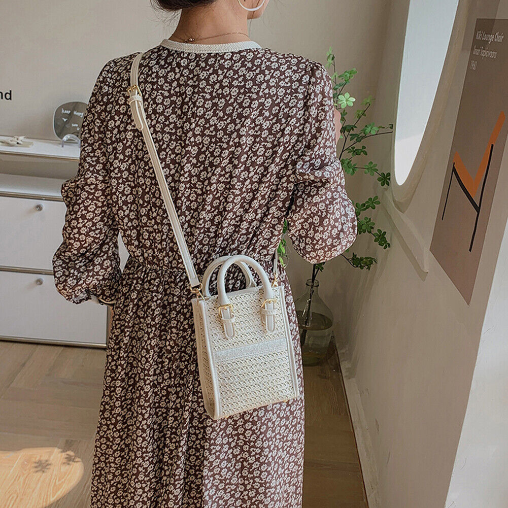 Women Straw Crossbody Bag Boho Beach Hand Woven Purses Tote Handbag (White)