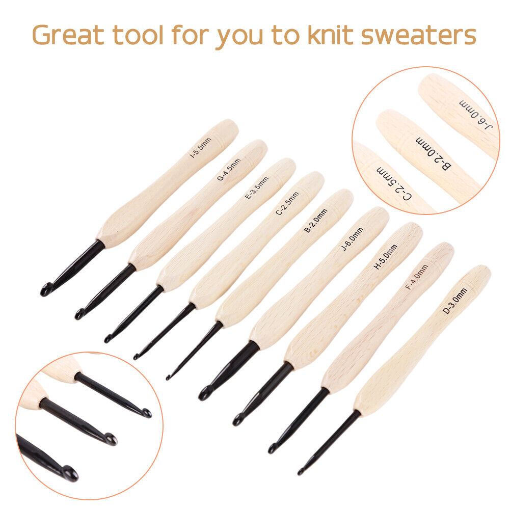 9pcs Wooden Crochet Hooks Knitting Needles Set 2-6mm Crochet Sewing Craft