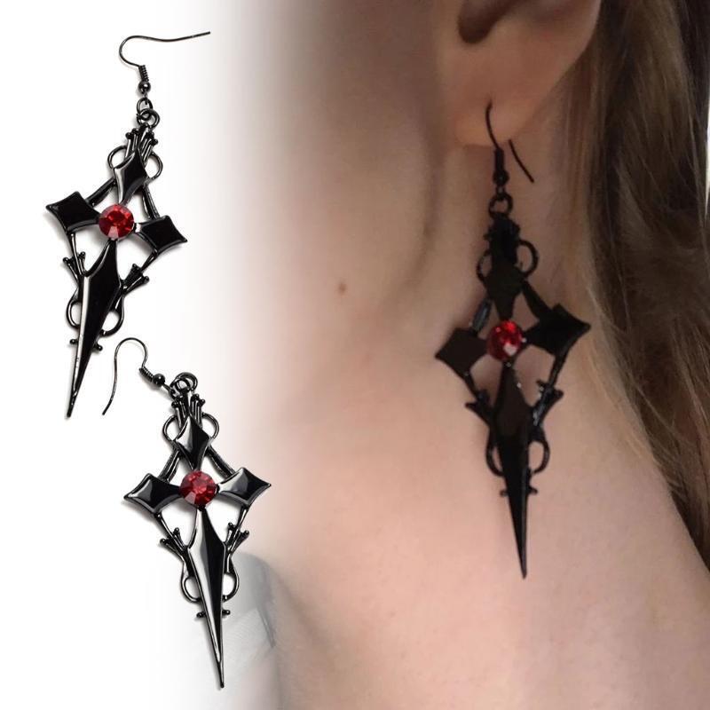Halloween Steampunk Black Cross Metal Red Rhinestone Ear Pendant Jewelry Gifts