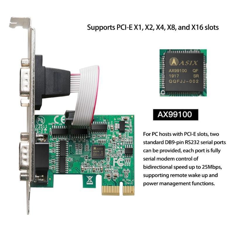 2 Port Serial PCI Express RS232 Com Serial Card PCIE Riser Converter AX99100Chip