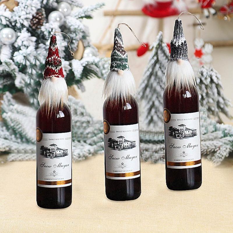 5Pcs Christmas Gnome Wine Bottle Topper Covers Xmas Knitted Hat Hanging Ornament