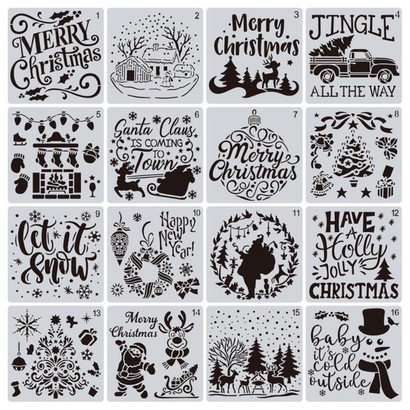 16 Pcs Painting Stencils DIY Christmas Decoration Drawing Stencil for DIY Decro