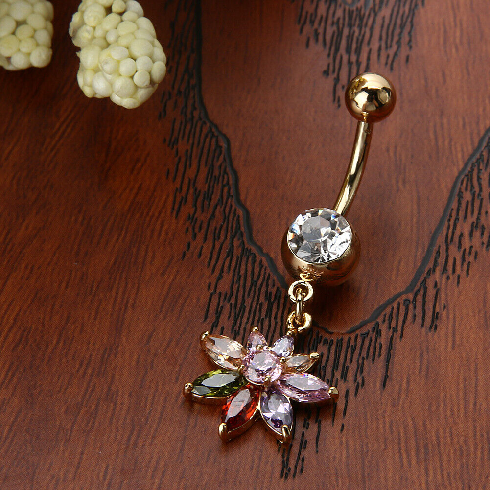 Personalized Flower Delicate Zircon Navel Umbilical Belly Ring (Colorful)