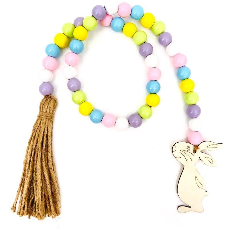 Easter Tassel Wood Bead Garland with Bunny Tag Beads String Pendant Hanging