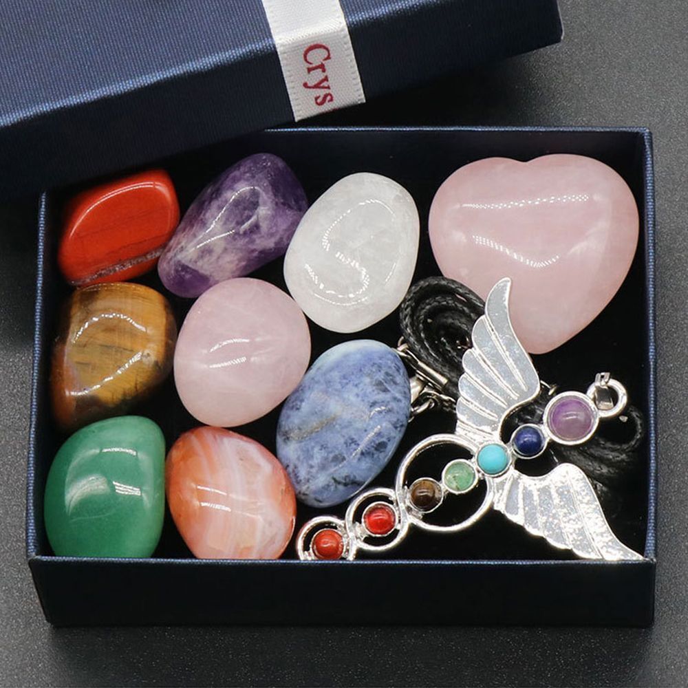 Energy Healing Stone Seven Chakra Stones Set Angel Necklace Heart Pink Crystal
