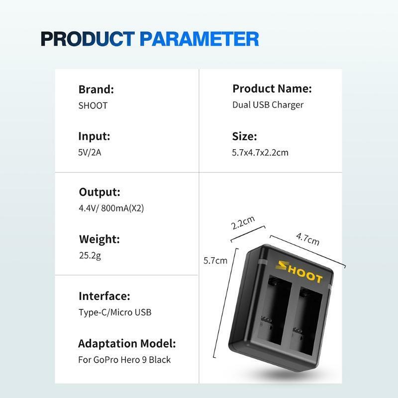 1800mAh Battery Charger Set For Hero 9 Black Li-ion Batteria Camera Accessories