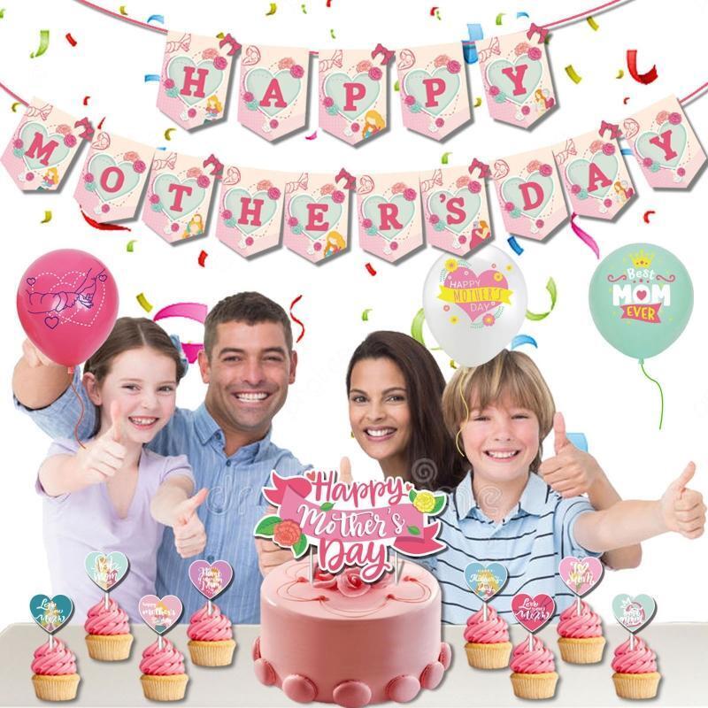 Happy Mother's Day Banner Theme Latex Balloon Heart Shape Cake Topper Kit