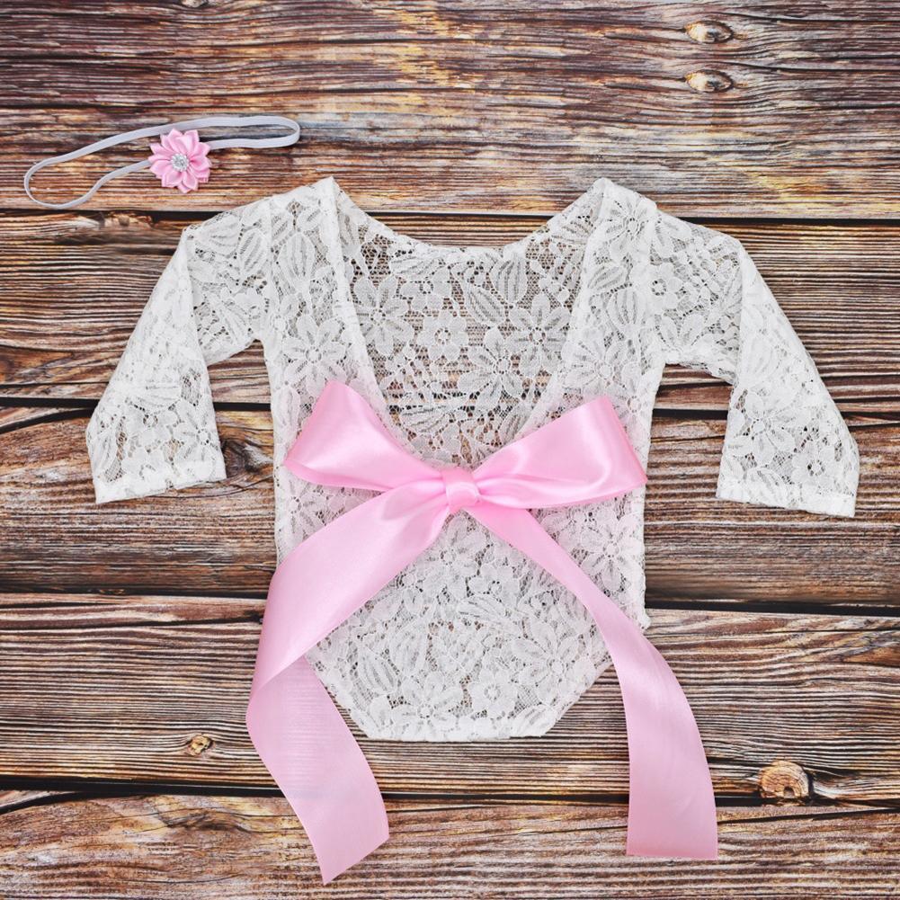 2pcs Newborn Shoot Photography Props Girls Lace Rompers Headband (Pink)