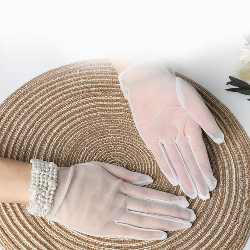 Bridal Gloves White Tulle with Beads Opera Party Short Gloves 8.6" Wrist Length