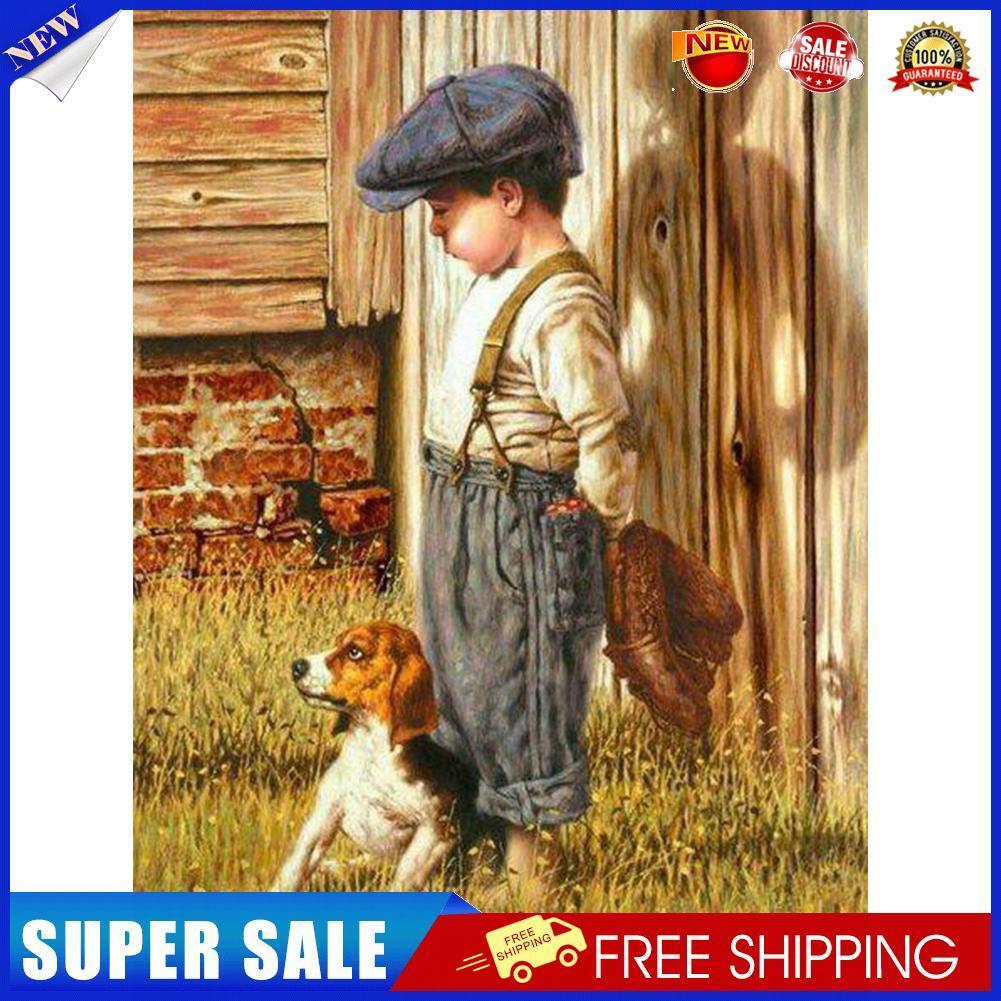 Little Boy and Dog Picture Rhinestone Full Round 5D DIY Diamond Painting