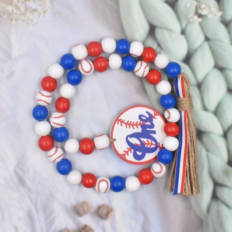 Wood Bead Garland with Tassels Baseball Tag Blue Red and White Sports Theme