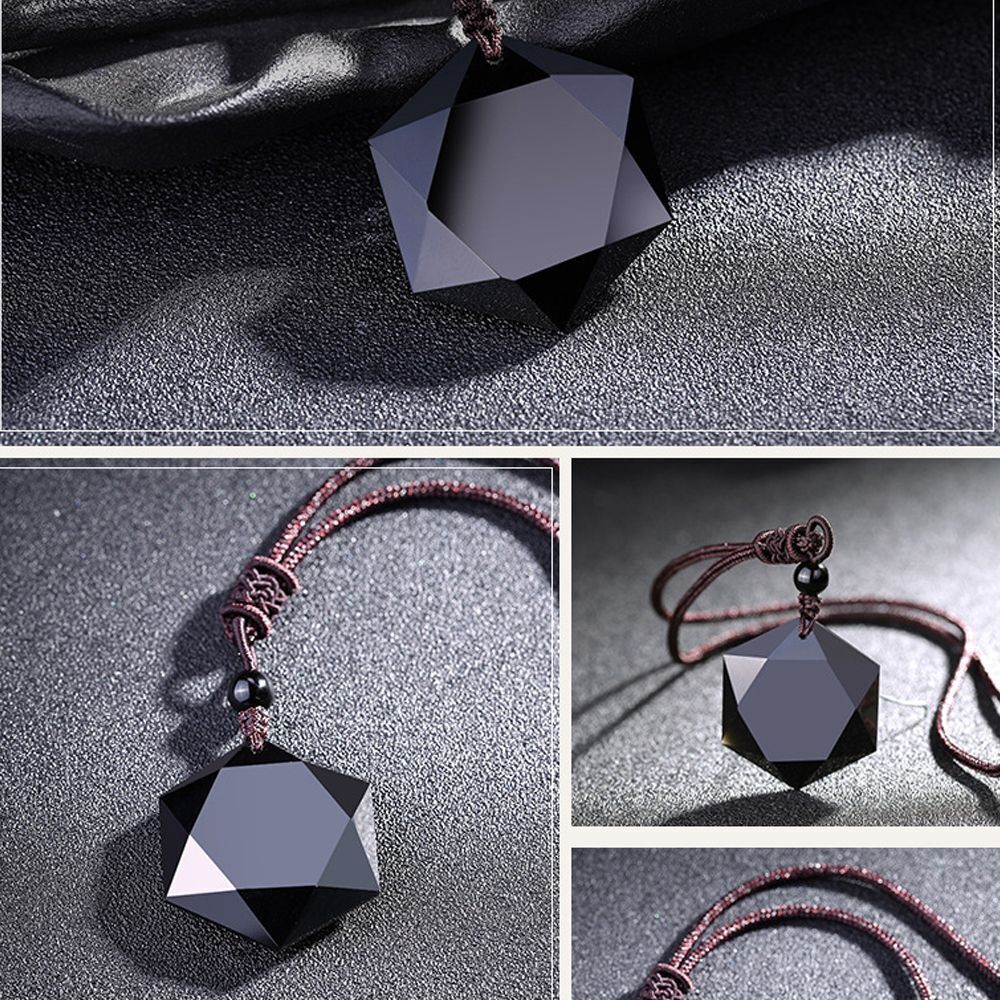 Men Blessing Jewelry Lucky Obsidian Pendant Necklace Amulet Hexagram Shape